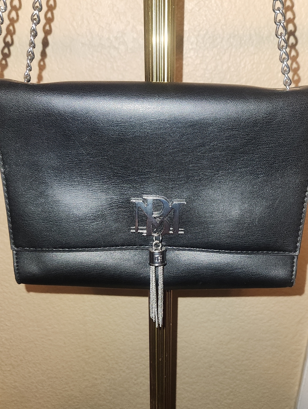 Badgley Mischka Black Leather Clutch with Silver Logo Tassel